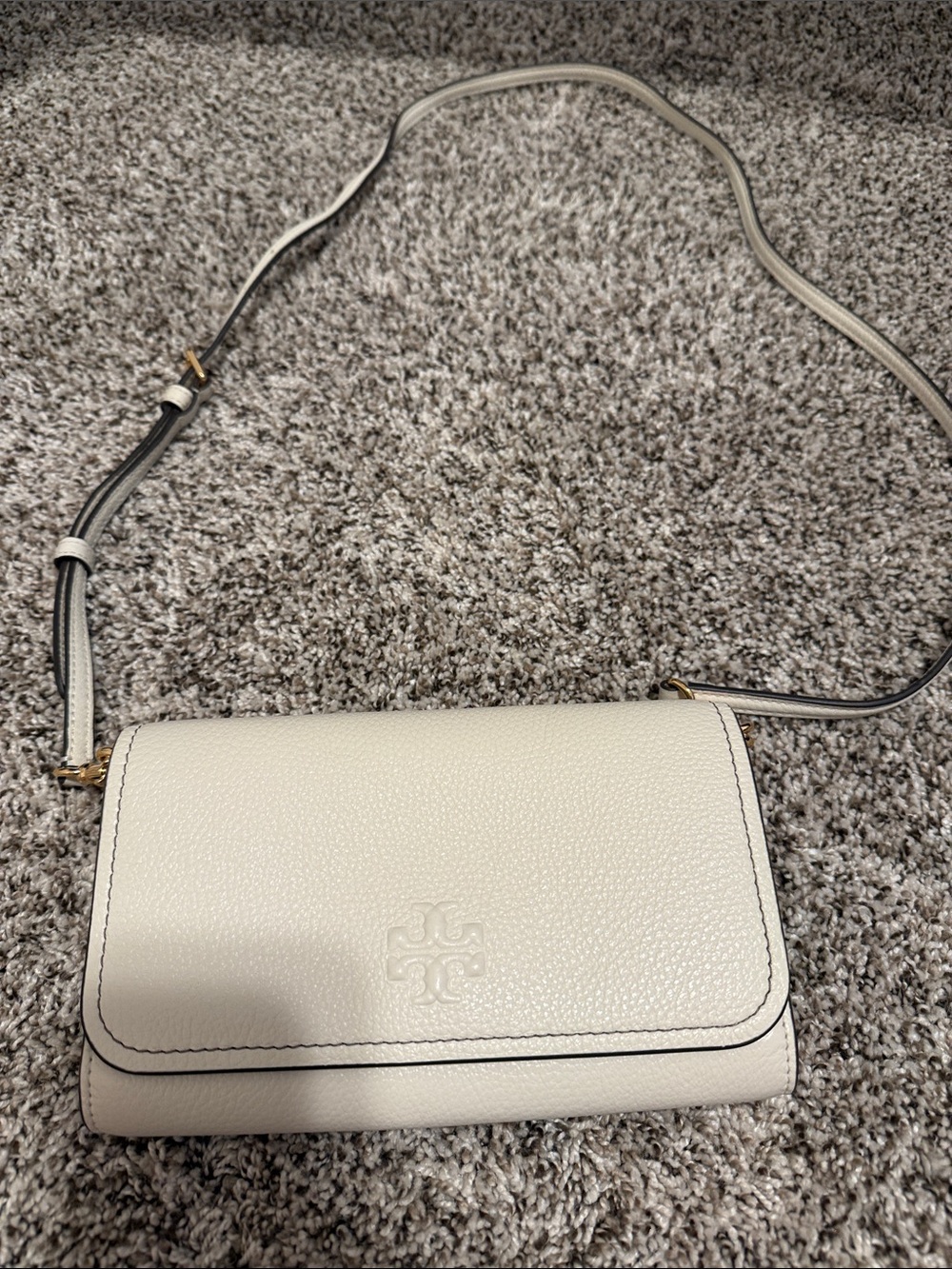 Tory Burch Ivory Pebbled Leather Crossbody with Embossed Logo